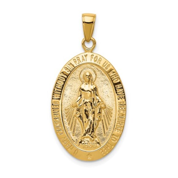 14k Yellow Gold Miraculous Medal Religious Charm Necklace Pendant